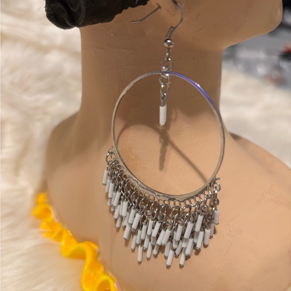 Large silver tone Hoop Earrings with hook backs. Chain dangle White Bead - Picture 9 of 10